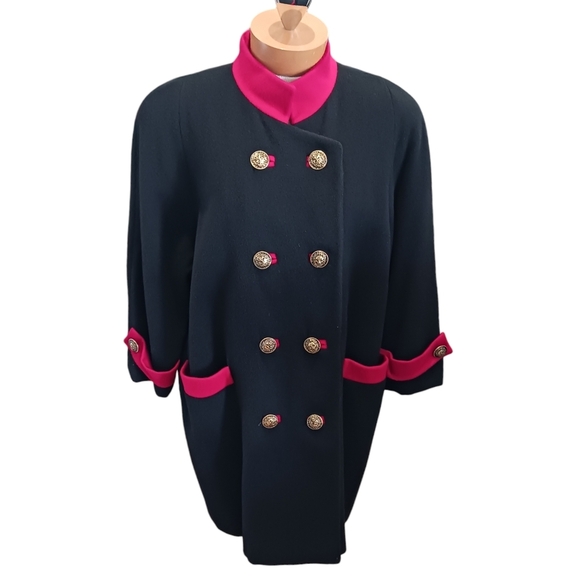 Vintage Lauren Meren Womens Pea Coat Black Red Lion Military Large/ 12 USA - Picture 1 of 11